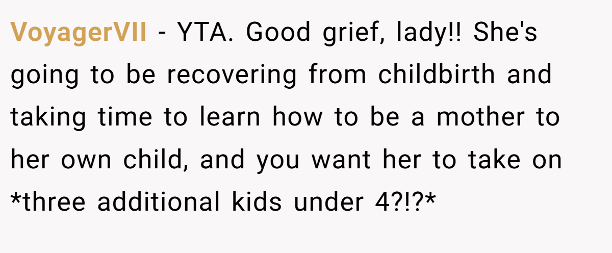 VoyagerVII − YTA. Good grief, lady!! She's going to be recovering from childbirth and taking time to learn how to be a mother to her own child, and you want her to take on *three additional kids under 4?!?*