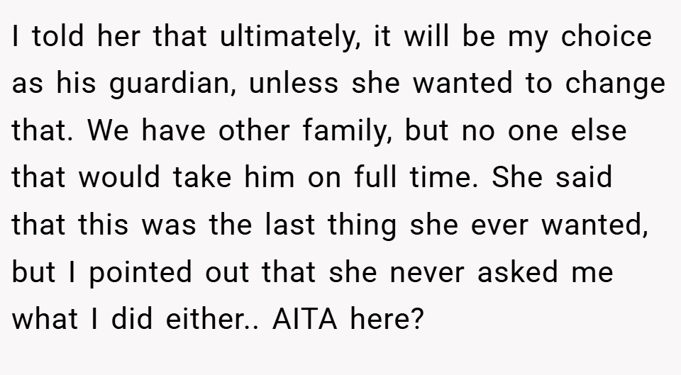 I told her that ultimately, it will be my choice as his guardian, unless she wanted to change that. We have other family, but no one else that would take him on full time. She said that this was the last thing she ever wanted, but I pointed out that she never asked me what I did either.. AITA here?
