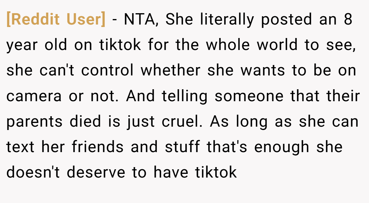 [Reddit User] - NTA, She literally posted an 8 year old on tiktok for the whole world to see, she can't control whether she wants to be on camera or not. And telling someone that their parents died is just cruel. As long as she can text her friends and stuff that's enough she doesn't deserve to have tiktok