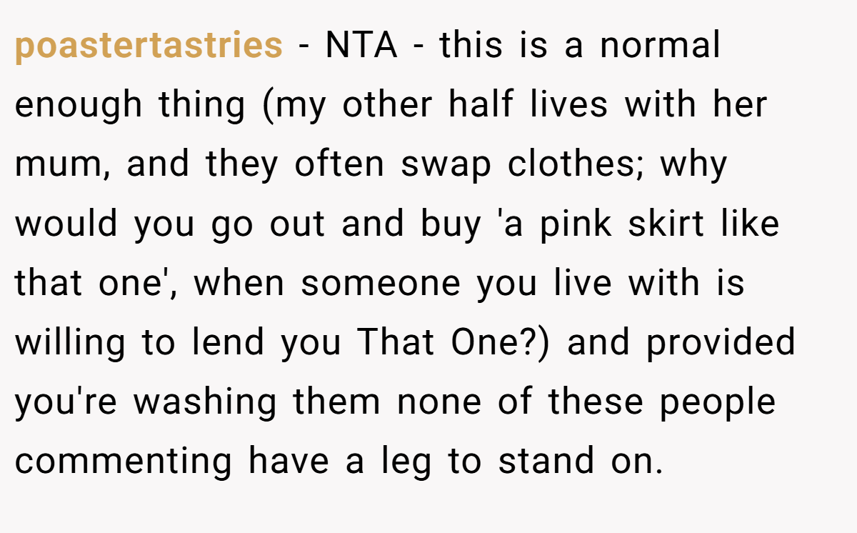 poastertastries − NTA - this is a normal enough thing (my other half lives with her mum, and they often swap clothes; why would you go out and buy 'a pink skirt like that one', when someone you live with is willing to lend you That One?) and provided you're washing them none of these people commenting have a leg to stand on.