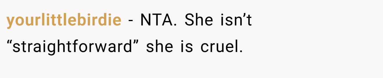 yourlittlebirdie - NTA. She isn’t “straightforward” she is cruel.