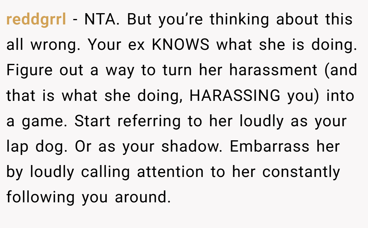reddgrrl − NTA. But you’re thinking about this all wrong. Your ex KNOWS what she is doing. Figure out a way to turn her harassment (and that is what she doing, HARASSING you) into a game. Start referring to her loudly as your lap dog. Or as your shadow. Embarrass her by loudly calling attention to her constantly following you around.