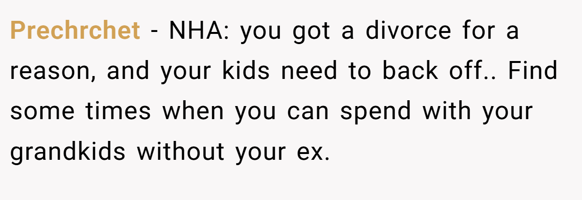 Prechrchet − NHA: you got a divorce for a reason, and your kids need to back off.. Find some times when you can spend with your grandkids without your ex.