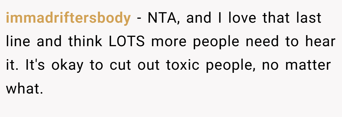 immadriftersbody − NTA, and I love that last line and think LOTS more people need to hear it. It's okay to cut out toxic people, no matter what.