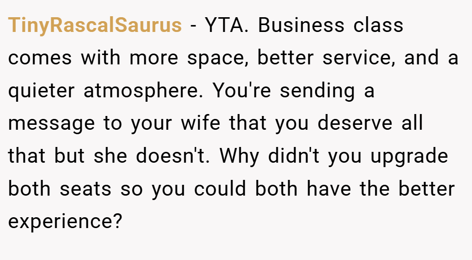 TinyRascalSaurus − YTA. Business class comes with more space, better service, and a quieter atmosphere. You're sending a message to your wife that you deserve all that but she doesn't. Why didn't you upgrade both seats so you could both have the better experience?