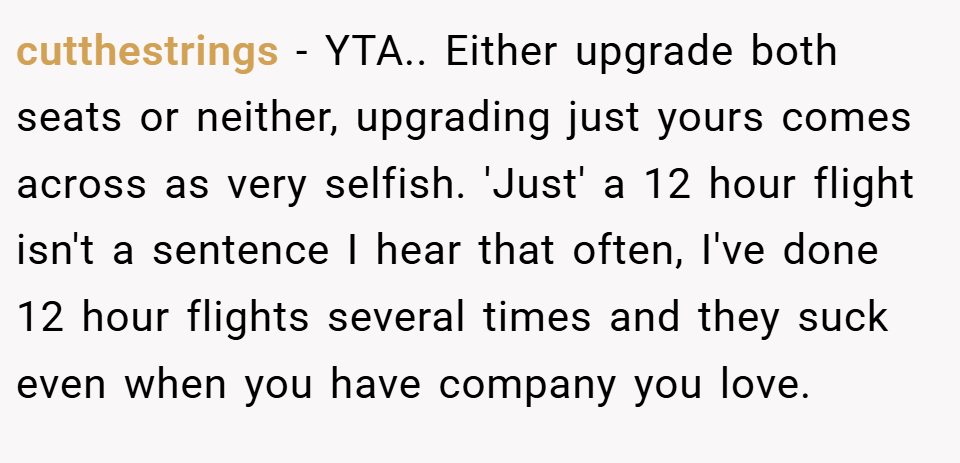 cutthestrings − YTA.. Either upgrade both seats or neither, upgrading just yours comes across as very selfish. 'Just' a 12 hour flight isn't a sentence I hear that often, I've done 12 hour flights several times and they suck even when you have company you love.