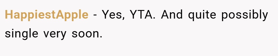 HappiestApple − Yes, YTA. And quite possibly single very soon.
