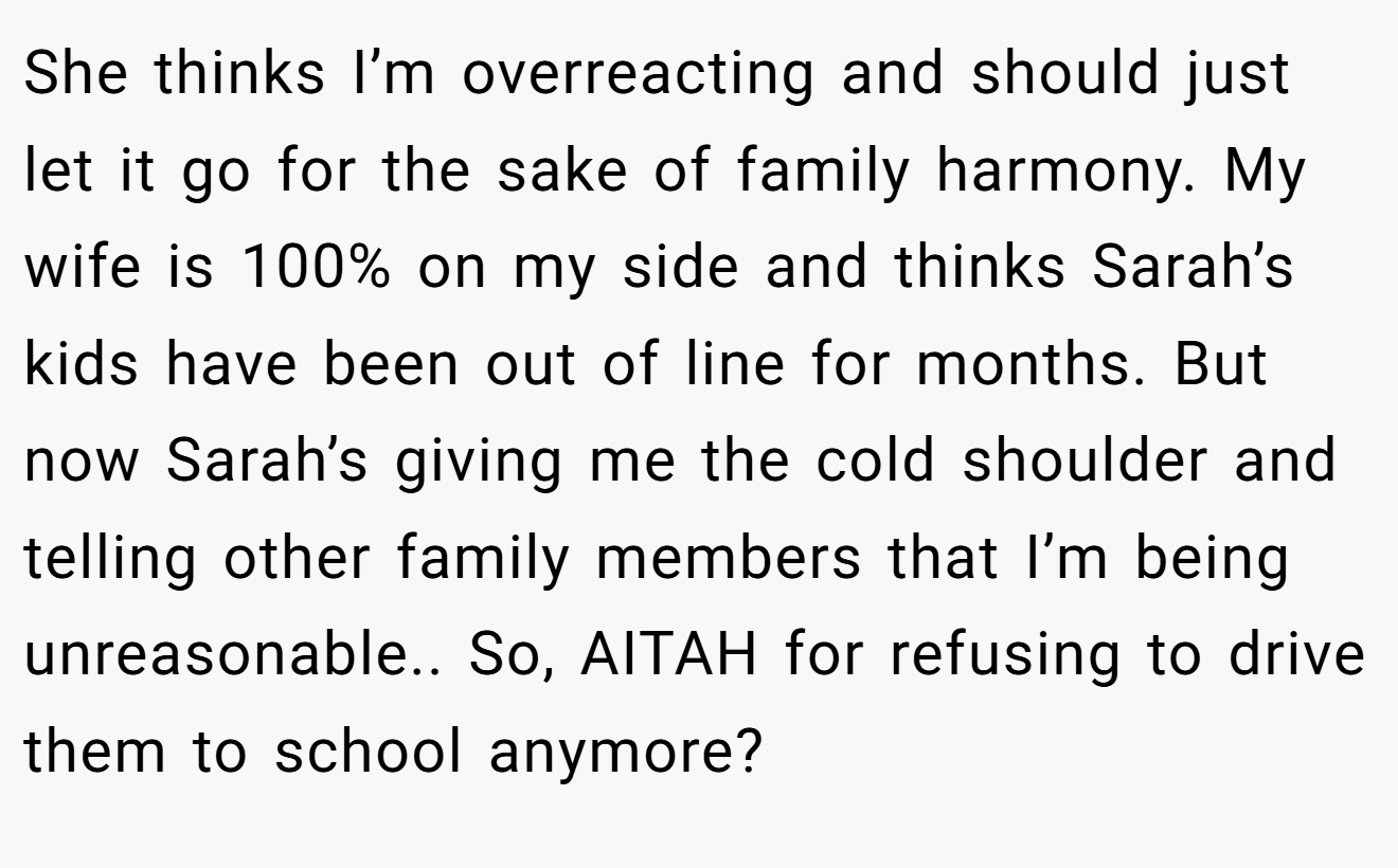 She thinks I’m overreacting and should just let it go for the sake of family harmony. My wife is 100% on my side and thinks Sarah’s kids have been out of line for months. But now Sarah’s giving me the cold shoulder and telling other family members that I’m being unreasonable.. So, AITAH for refusing to drive them to school anymore?