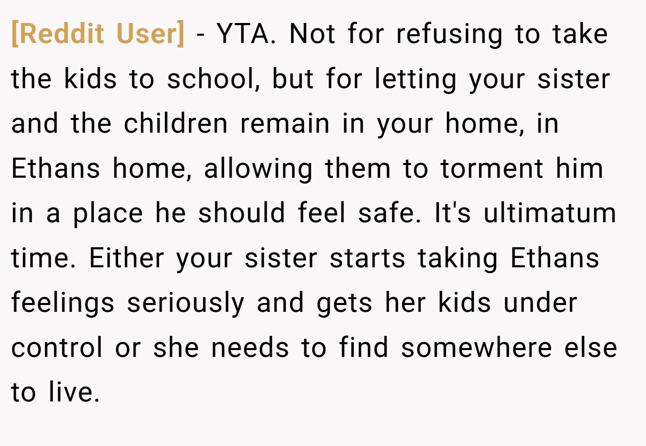 [Reddit User] - YTA. Not for refusing to take the kids to school, but for letting your sister and the children remain in your home, in Ethans home, allowing them to torment him in a place he should feel safe. It's ultimatum time. Either your sister starts taking Ethans feelings seriously and gets her kids under control or she needs to find somewhere else to live.