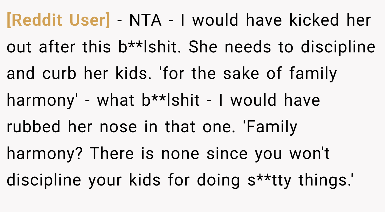 [Reddit User] - NTA - I would have kicked her out after this b**lshit. She needs to discipline and curb her kids. 'for the sake of family harmony' - what b**lshit - I would have rubbed her nose in that one. 'Family harmony? There is none since you won't discipline your kids for doing s**tty things.'