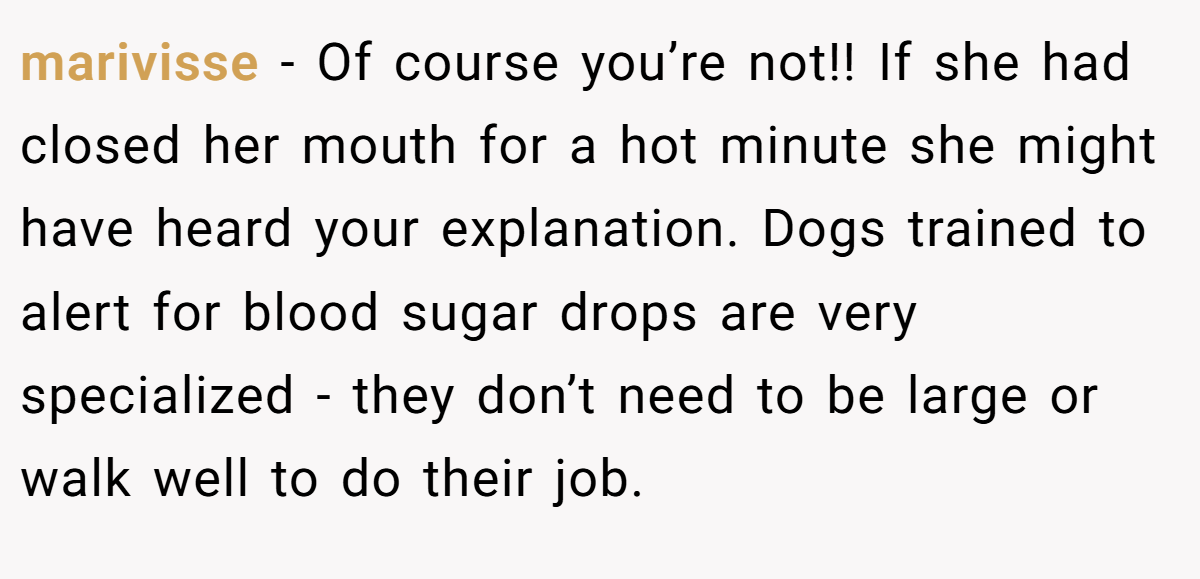 marivisse − Of course you’re not!! If she had closed her mouth for a hot minute she might have heard your explanation. Dogs trained to alert for blood sugar drops are very specialized - they don’t need to be large or walk well to do their job.