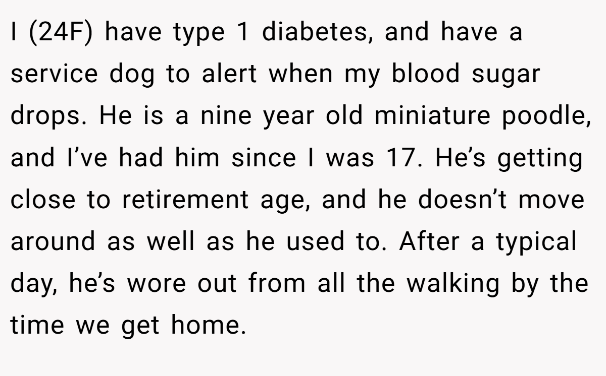 I (24F) have type 1 diabetes, and have a service dog to alert when my blood sugar drops. He is a nine year old miniature poodle, and I’ve had him since I was 17. He’s getting close to retirement age, and he doesn’t move around as well as he used to. After a typical day, he’s wore out from all the walking by the time we get home.