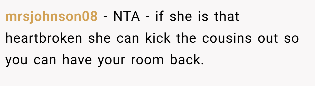 mrsjohnson08 - NTA - if she is that heartbroken she can kick the cousins out so you can have your room back.