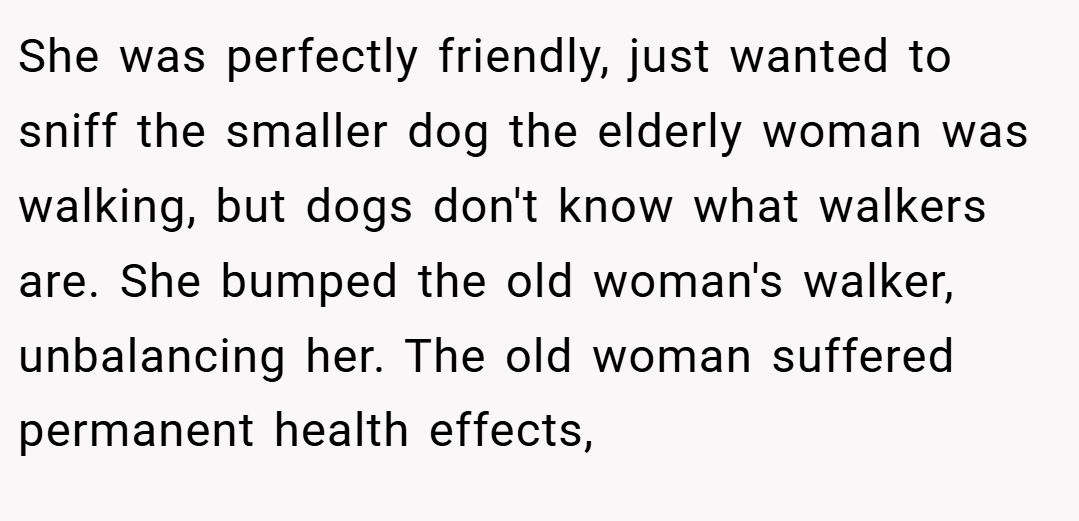 She was perfectly friendly, just wanted to sniff the smaller dog the elderly woman was walking, but dogs don't know what walkers are. She bumped the old woman's walker, unbalancing her. The old woman suffered permanent health effects,