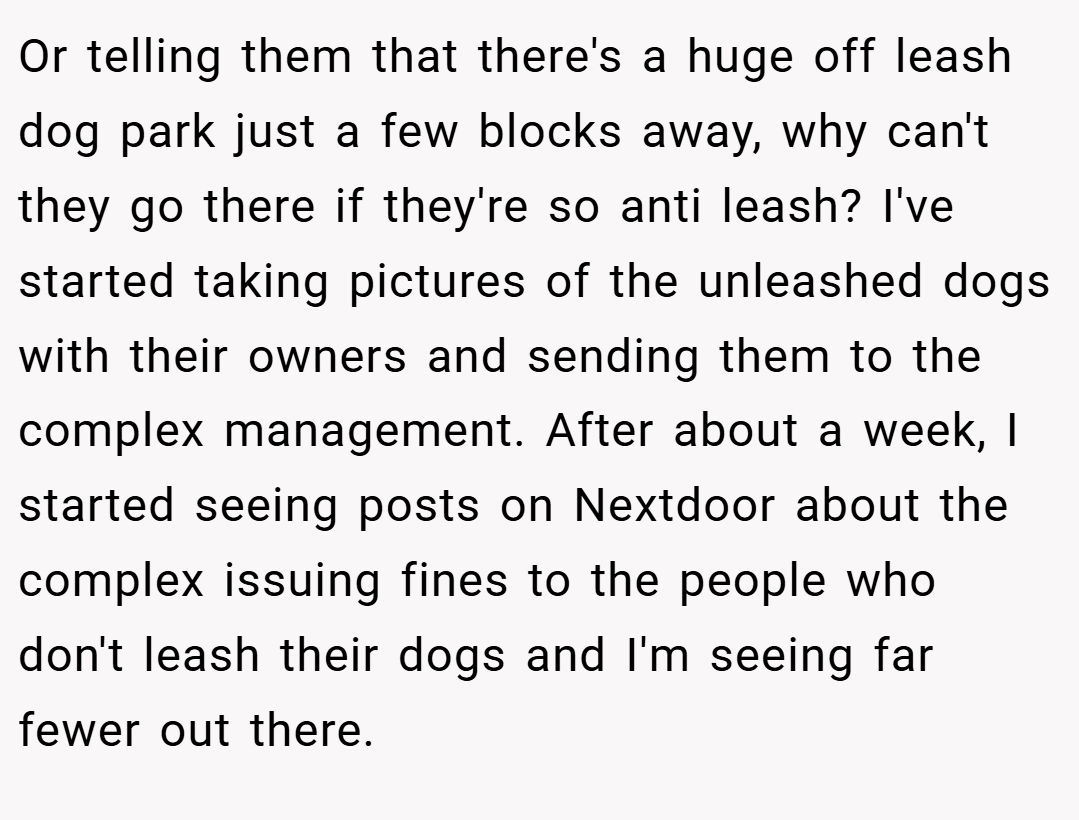 Or telling them that there's a huge off leash dog park just a few blocks away, why can't they go there if they're so anti leash? I've started taking pictures of the unleashed dogs with their owners and sending them to the complex management. After about a week, I started seeing posts on Nextdoor about the complex issuing fines to the people who don't leash their dogs and I'm seeing far fewer out there.