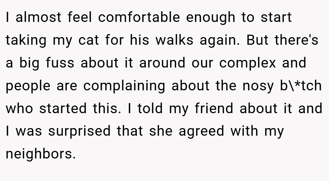 I almost feel comfortable enough to start taking my cat for his walks again. But there's a big fuss about it around our complex and people are complaining about the nosy b\*tch who started this. I told my friend about it and I was surprised that she agreed with my neighbors.