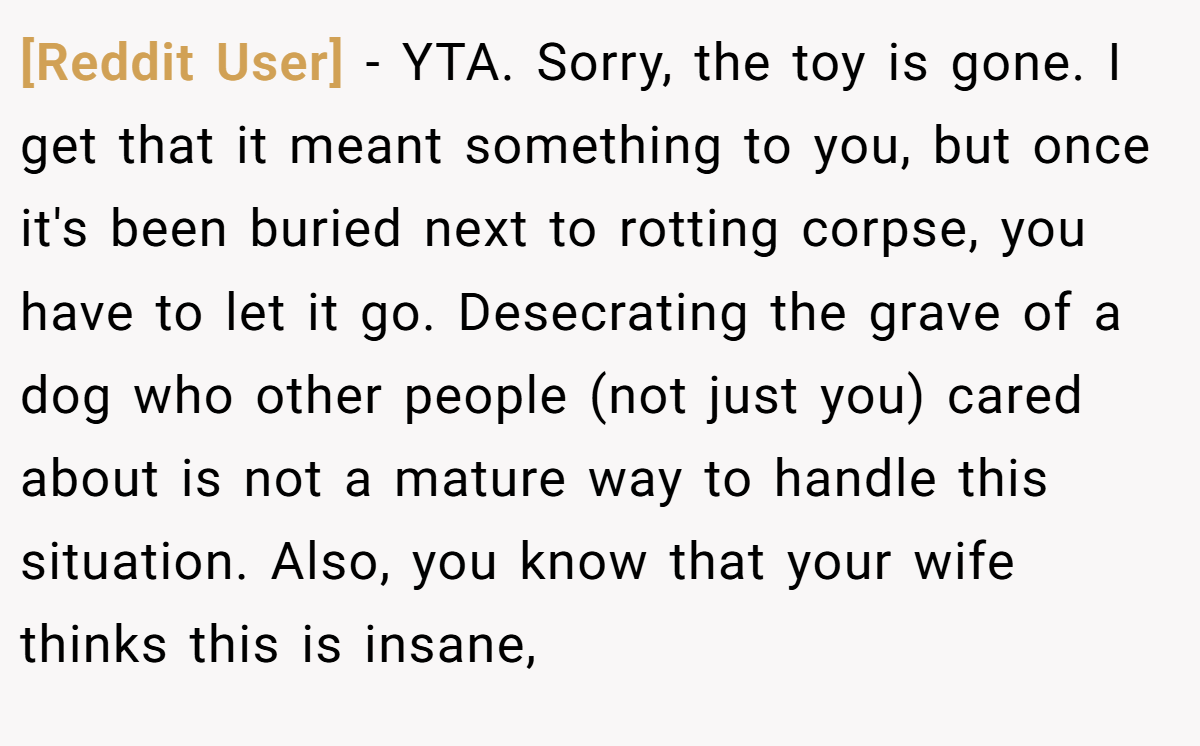 [Reddit User] − YTA. Sorry, the toy is gone. I get that it meant something to you, but once it's been buried next to rotting corpse, you have to let it go. Desecrating the grave of a dog who other people (not just you) cared about is not a mature way to handle this situation. Also, you know that your wife thinks this is insane,
