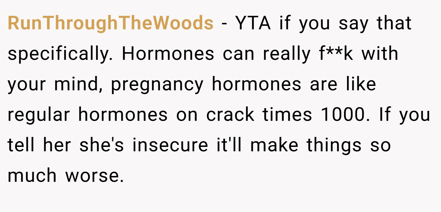RunThroughTheWoods − YTA if you say that specifically. Hormones can really f**k with your mind, pregnancy hormones are like regular hormones on crack times 1000. If you tell her she's insecure it'll make things so much worse.