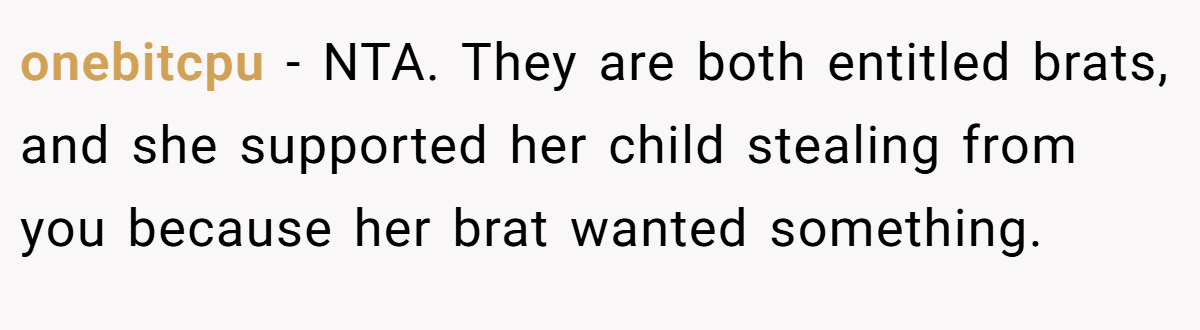 onebitcpu − NTA. They are both entitled brats, and she supported her child stealing from you because her brat wanted something.