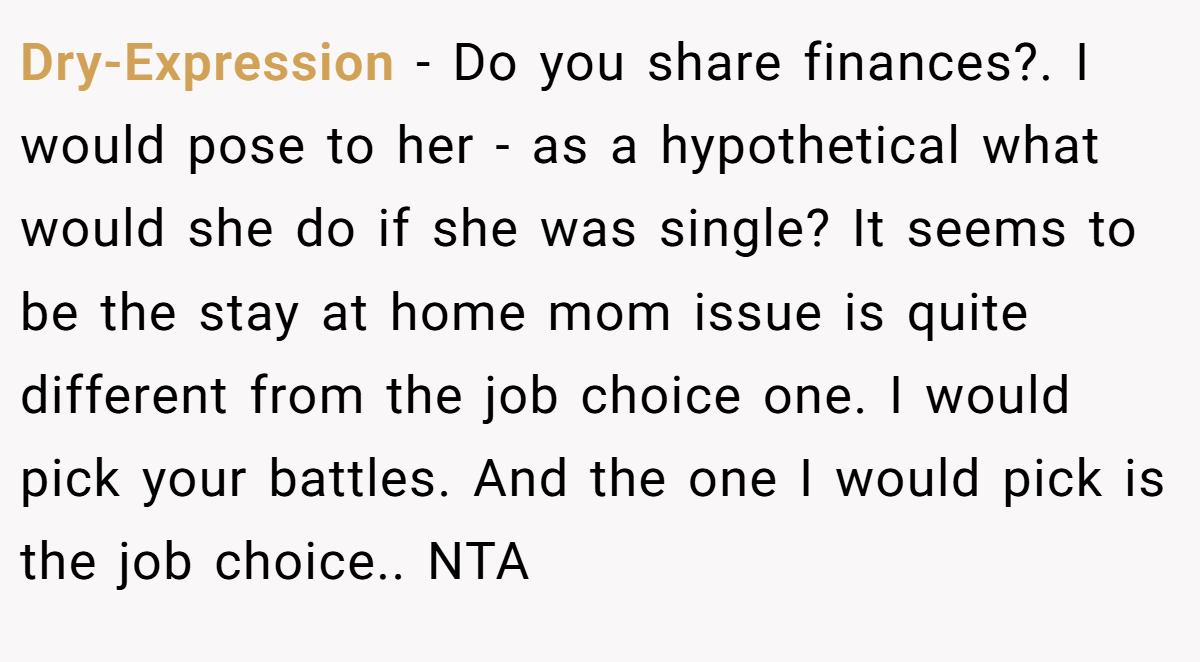 Dry-Expression − Do you share finances?. I would pose to her - as a hypothetical what would she do if she was single? It seems to be the stay at home mom issue is quite different from the job choice one. I would pick your battles. And the one I would pick is the job choice.. NTA
