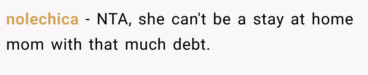 nolechica − NTA, she can't be a stay at home mom with that much debt.