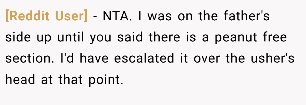 [Reddit User] - NTA. I was on the father's side up until you said there is a peanut free section. I'd have escalated it over the usher's head at that point.