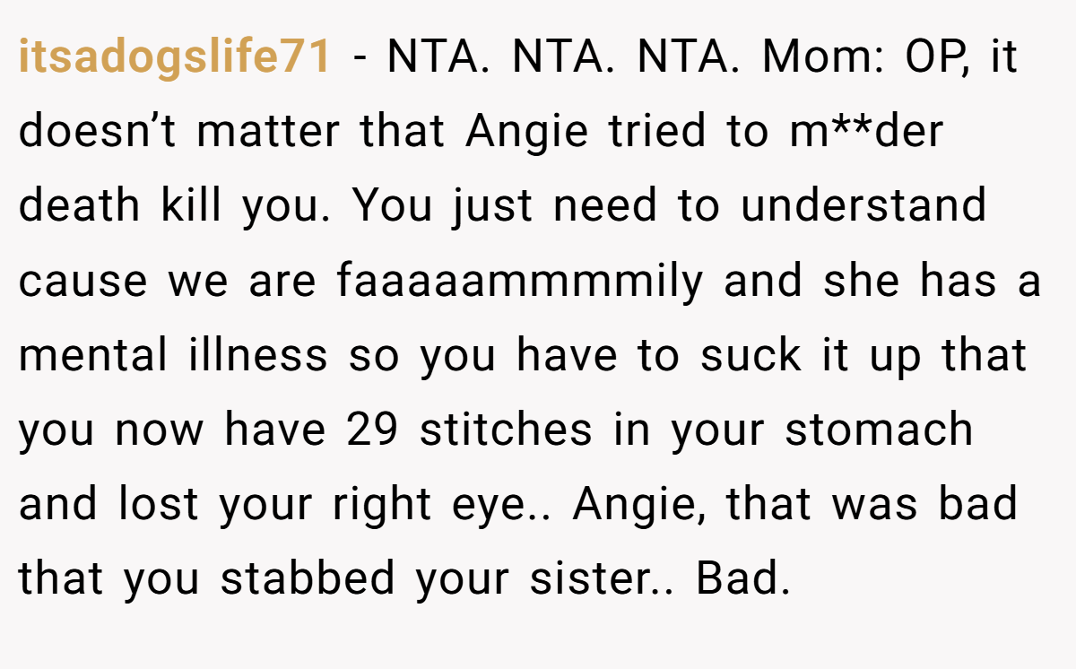 itsadogslife71 − NTA. NTA. NTA. Mom: OP, it doesn’t matter that Angie tried to m**der death kill you. You just need to understand cause we are faaaaammmmily and she has a mental illness so you have to suck it up that you now have 29 stitches in your stomach and lost your right eye.. Angie, that was bad that you stabbed your sister.. Bad.