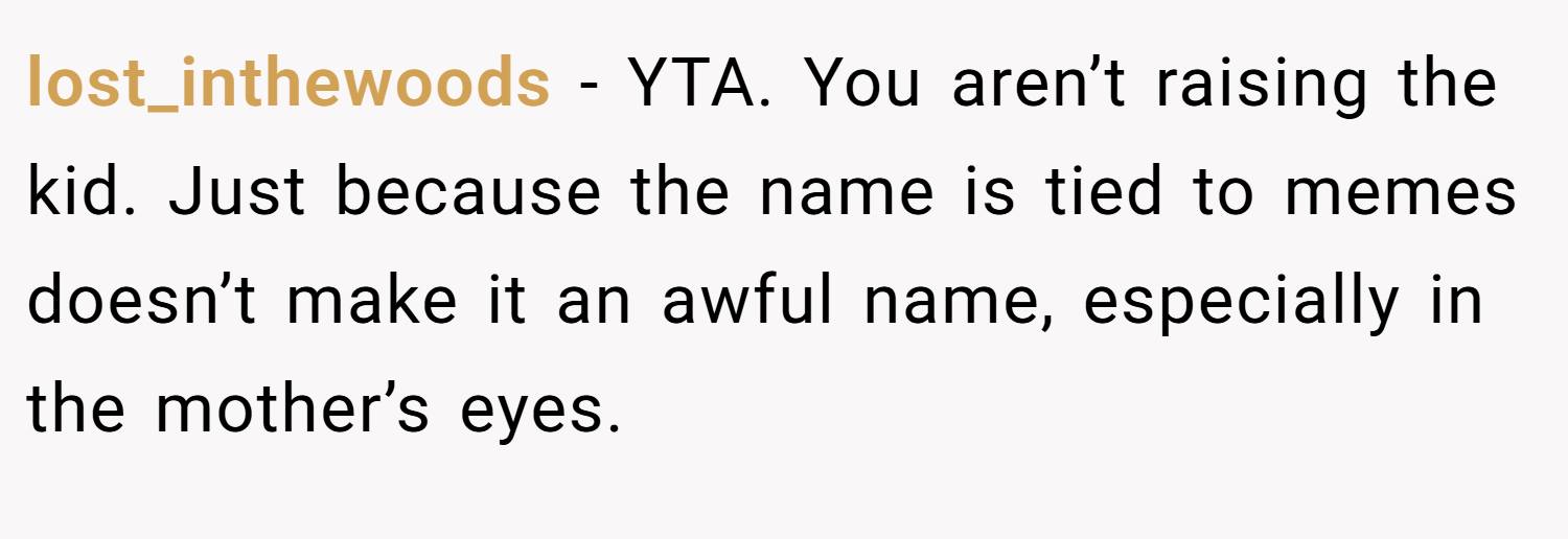lost_inthewoods − YTA. You aren’t raising the kid. Just because the name is tied to memes doesn’t make it an awful name, especially in the mother’s eyes.