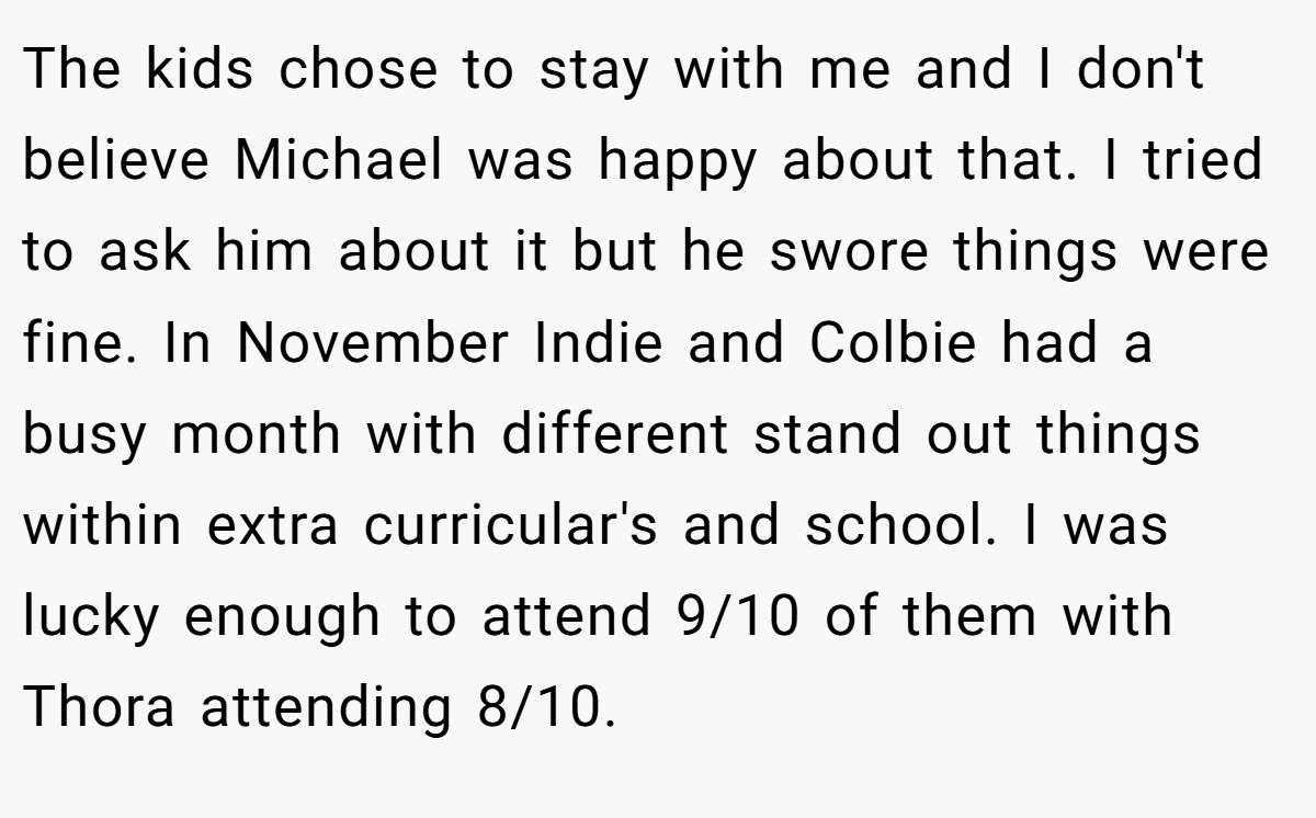 The kids chose to stay with me and I don't believe Michael was happy about that. I tried to ask him about it but he swore things were fine. In November Indie and Colbie had a busy month with different stand out things within extra curricular's and school. I was lucky enough to attend 9/10 of them with Thora attending 8/10.