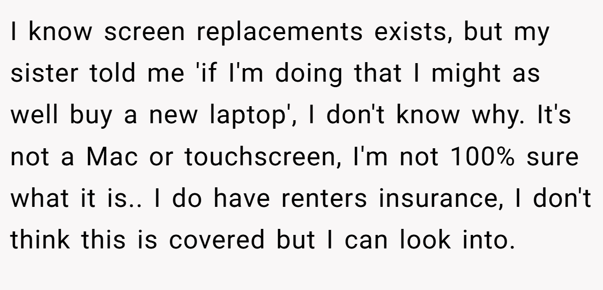 I know screen replacements exists, but my sister told me 'if I'm doing that I might as well buy a new laptop', I don't know why. It's not a Mac or touchscreen, I'm not 100% sure what it is.. I do have renters insurance, I don't think this is covered but I can look into.