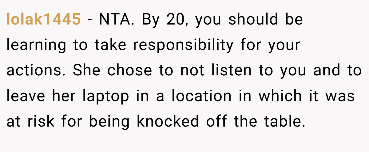 lolak1445 − NTA. By 20, you should be learning to take responsibility for your actions. She chose to not listen to you and to leave her laptop in a location in which it was at risk for being knocked off the table.