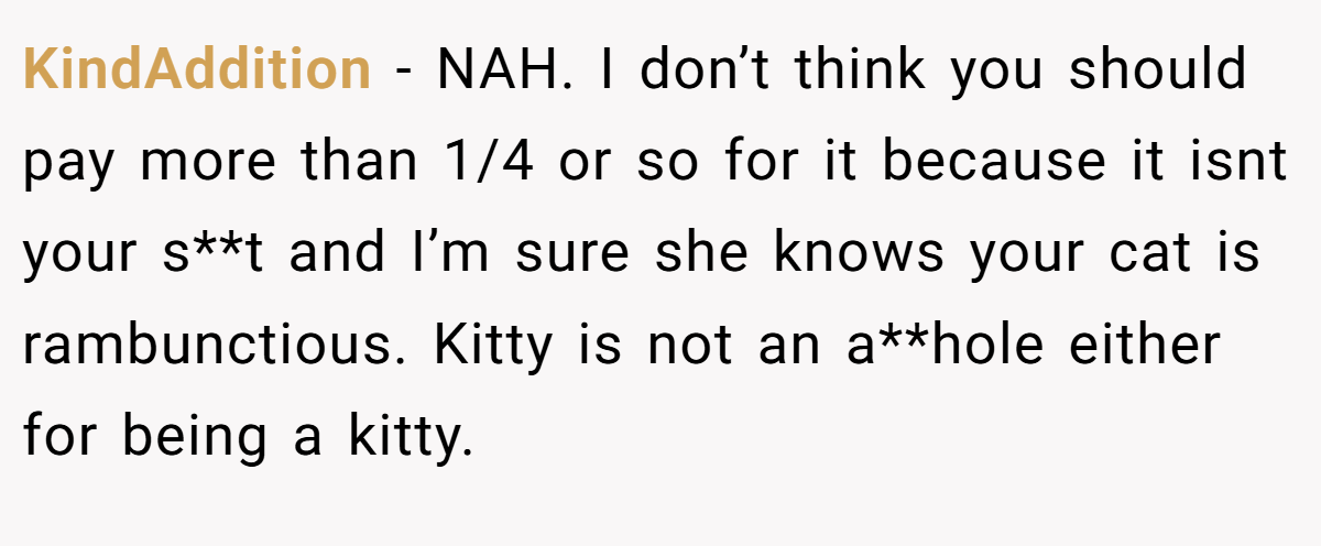 KindAddition − NAH. I don’t think you should pay more than 1/4 or so for it because it isnt your s**t and I’m sure she knows your cat is rambunctious. Kitty is not an a**hole either for being a kitty.