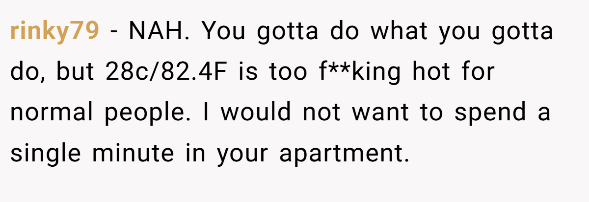 rinky79 − NAH. You gotta do what you gotta do, but 28c/82.4F is too f**king hot for normal people. I would not want to spend a single minute in your apartment.