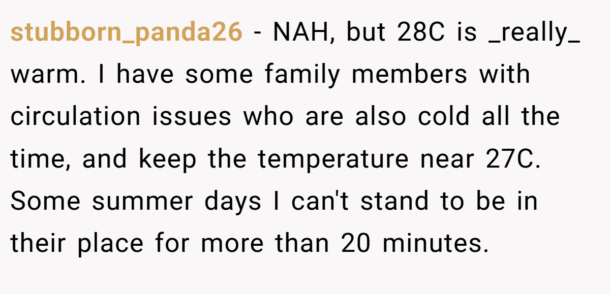 stubborn_panda26 − NAH, but 28C is _really_ warm. I have some family members with circulation issues who are also cold all the time, and keep the temperature near 27C. Some summer days I can't stand to be in their place for more than 20 minutes.