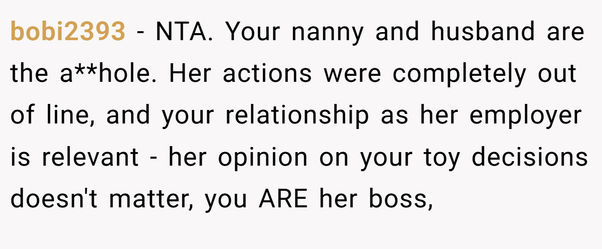 bobi2393 − NTA. Your nanny and husband are the a**hole. Her actions were completely out of line, and your relationship as her employer is relevant - her opinion on your toy decisions doesn't matter, you ARE her boss,