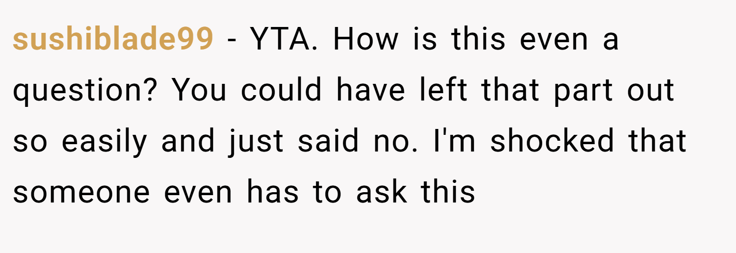 sushiblade99 − YTA. How is this even a question? You could have left that part out so easily and just said no. I'm shocked that someone even has to ask this