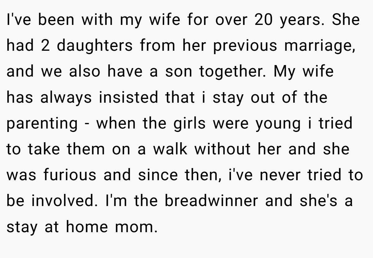 I've been with my wife for over 20 years. She had 2 daughters from her previous marriage, and we also have a son together. My wife has always insisted that i stay out of the parenting - when the girls were young i tried to take them on a walk without her and she was furious and since then, i've never tried to be involved. I'm the breadwinner and she's a stay at home mom.
