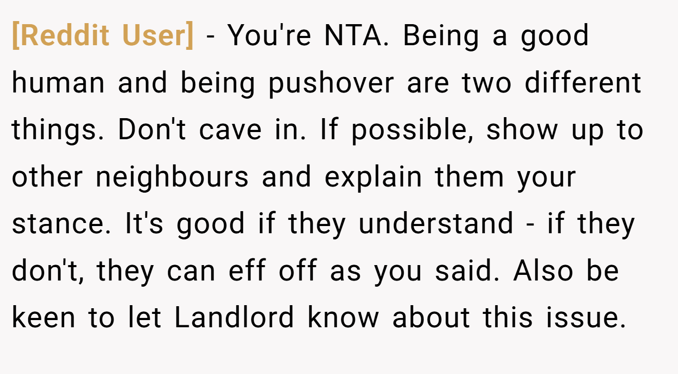 [Reddit User] − You're NTA. Being a good human and being pushover are two different things. Don't cave in. If possible, show up to other neighbours and explain them your stance. It's good if they understand - if they don't, they can eff off as you said. Also be keen to let Landlord know about this issue.