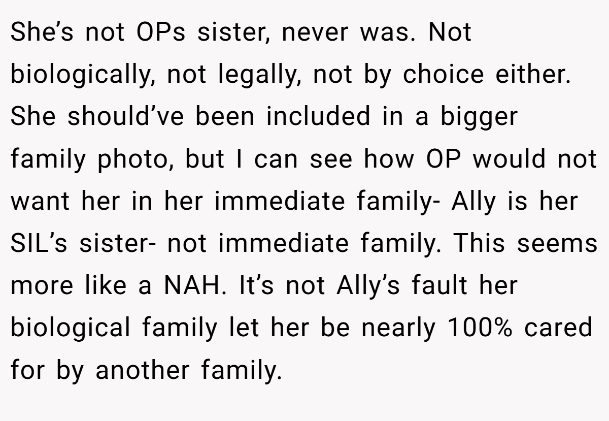 She’s not OPs sister, never was. Not biologically, not legally, not by choice either. She should’ve been included in a bigger family photo, but I can see how OP would not want her in her immediate family- Ally is her SIL’s sister- not immediate family. This seems more like a NAH. It’s not Ally’s fault her biological family let her be nearly 100% cared for by another family.