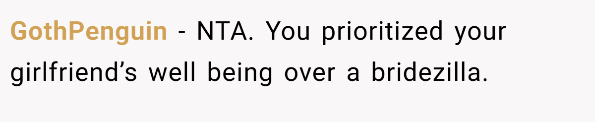 GothPenguin - NTA. You prioritized your girlfriend’s well being over a bridezilla.