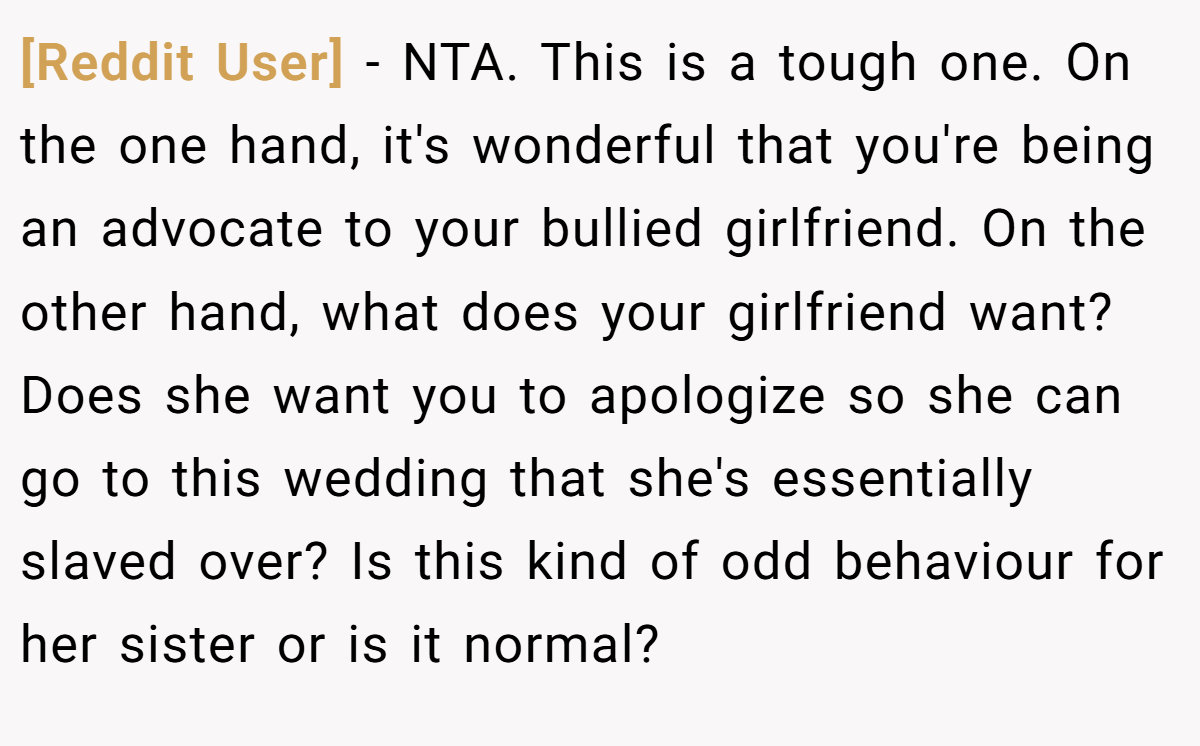 [Reddit User] - NTA. This is a tough one. On the one hand, it's wonderful that you're being an advocate to your bullied girlfriend. On the other hand, what does your girlfriend want? Does she want you to apologize so she can go to this wedding that she's essentially slaved over? Is this kind of odd behaviour for her sister or is it normal?