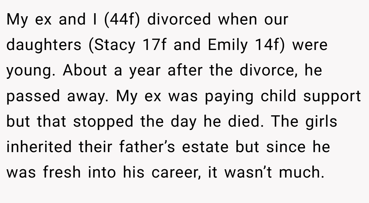My ex and I (44f) divorced when our daughters (Stacy 17f and Emily 14f) were young. About a year after the divorce, he passed away. My ex was paying child support but that stopped the day he died. The girls inherited their father’s estate but since he was fresh into his career, it wasn’t much.