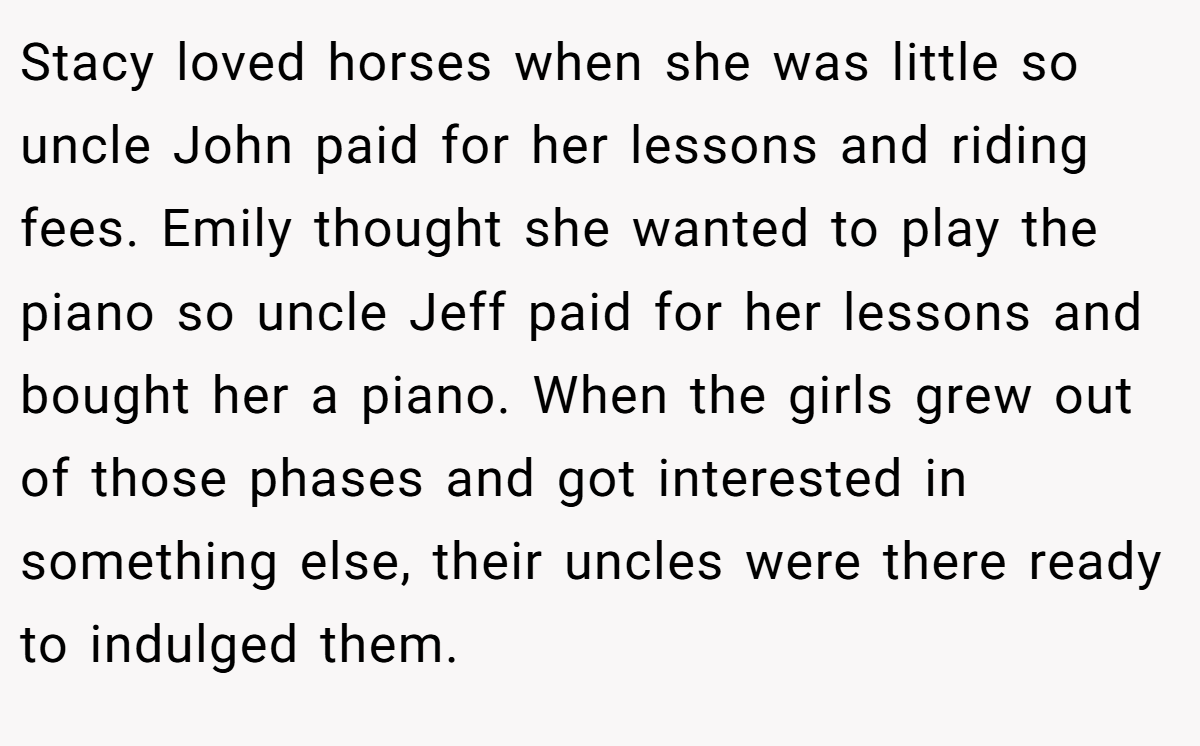 Stacy loved horses when she was little so uncle John paid for her lessons and riding fees. Emily thought she wanted to play the piano so uncle Jeff paid for her lessons and bought her a piano. When the girls grew out of those phases and got interested in something else, their uncles were there ready to indulged them.
