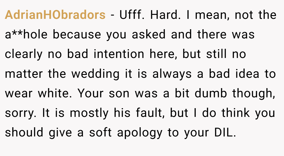 AdrianHObradors − Ufff. Hard. I mean, not the a**hole because you asked and there was clearly no bad intention here, but still no matter the wedding it is always a bad idea to wear white. Your son was a bit dumb though, sorry. It is mostly his fault, but I do think you should give a soft apology to your DIL.