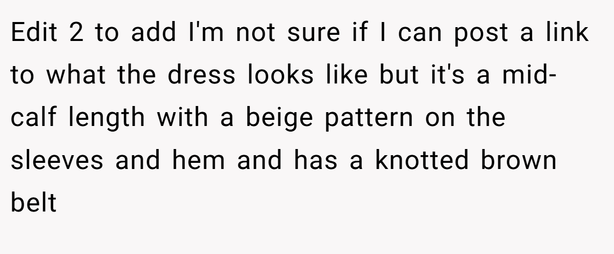 Edit 2 to add I'm not sure if I can post a link to what the dress looks like but it's a mid-calf length with a beige pattern on the sleeves and hem and has a knotted brown belt