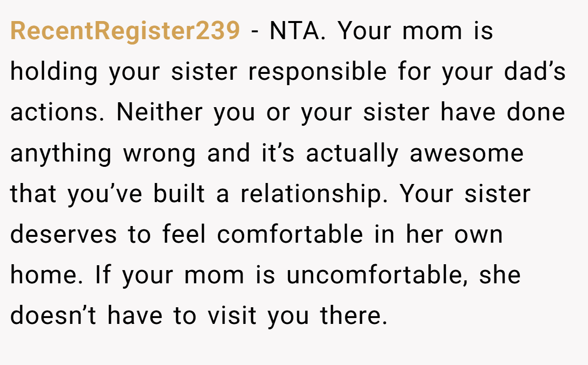 RecentRegister239 − NTA. Your mom is holding your sister responsible for your dad’s actions. Neither you or your sister have done anything wrong and it’s actually awesome that you’ve built a relationship. Your sister deserves to feel comfortable in her own home. If your mom is uncomfortable, she doesn’t have to visit you there.