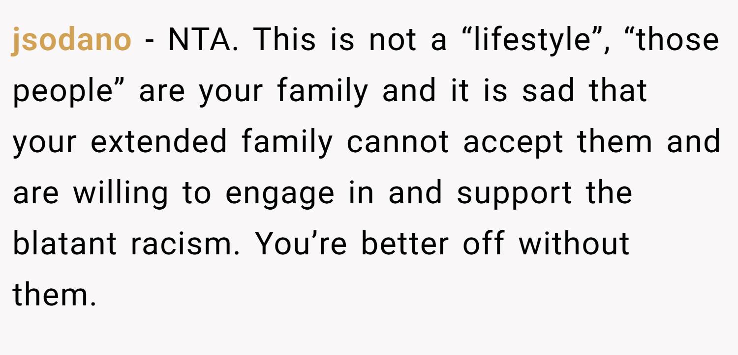 jsodano − NTA. This is not a “lifestyle”, “those people” are your family and it is sad that your extended family cannot accept them and are willing to engage in and support the blatant racism. You’re better off without them.
