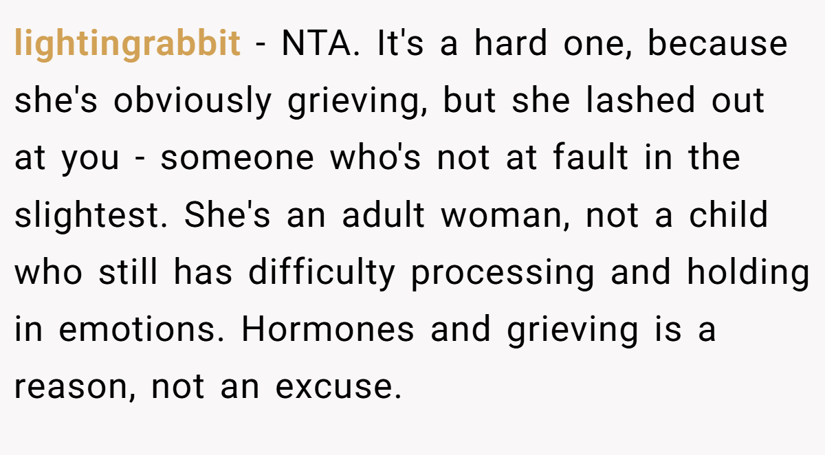 lightingrabbit − NTA. It's a hard one, because she's obviously grieving, but she lashed out at you - someone who's not at fault in the slightest. She's an adult woman, not a child who still has difficulty processing and holding in emotions. Hormones and grieving is a reason, not an excuse.