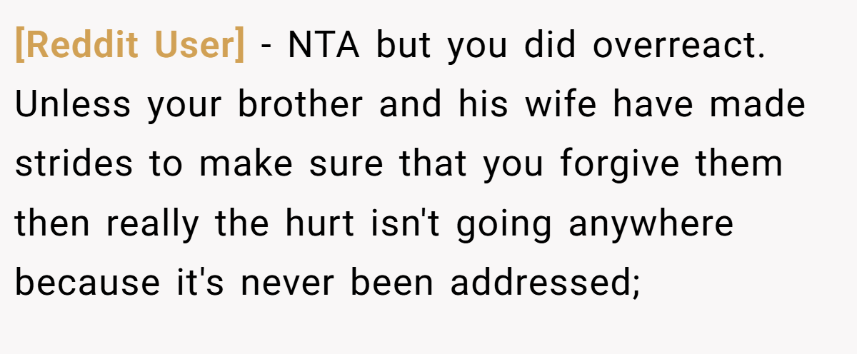 [Reddit User] - NTA but you did overreact. Unless your brother and his wife have made strides to make sure that you forgive them then really the hurt isn't going anywhere because it's never been addressed;