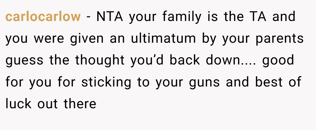 carlocarlow - NTA your family is the TA and you were given an ultimatum by your parents guess the thought you’d back down.... good for you for sticking to your guns and best of luck out there